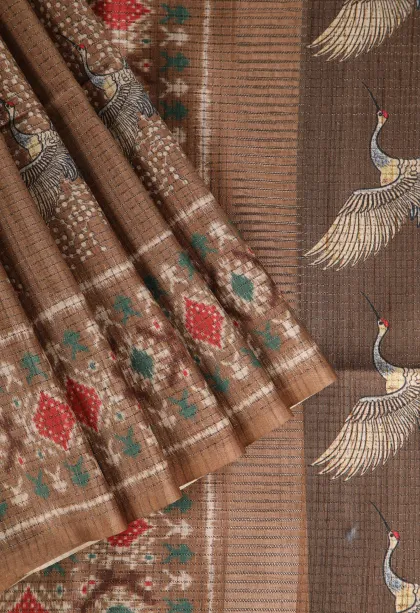 Peanut Brown Tussar Saree Without Zari With Birds Mottif