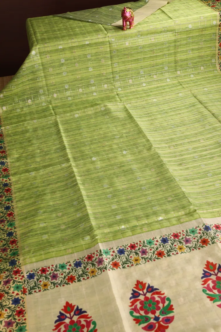 Olive Green Raw Silk Sarees with Gold And Silver Zari Checks And Puttas view 2
