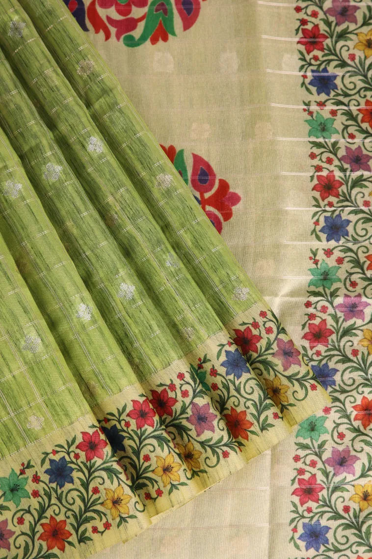 Olive Green Raw Silk Sarees with Gold And Silver Zari Checks And Puttas