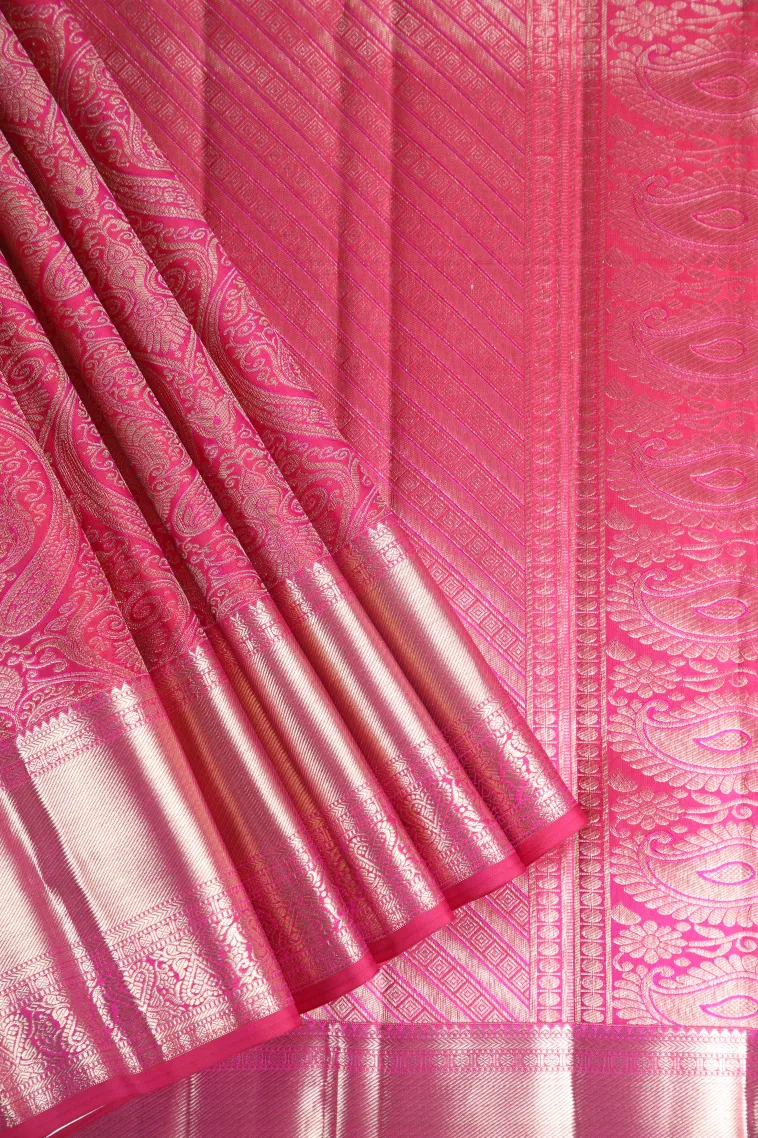 Punch Pink Kanchipuram Silk Sarees with Gold Zari Floral Patterns view 1