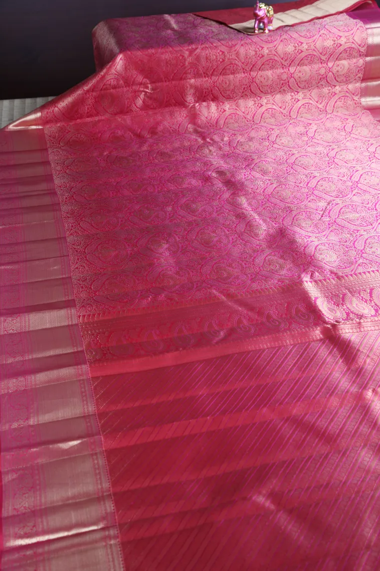 Punch Pink Kanchipuram Silk Sarees with Gold Zari Floral Patterns view 2