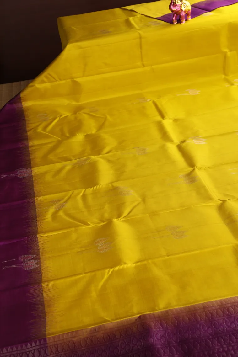 Lemon Yellow Soft Silk Saree with Copper And Silver Zari Leaf Puttas view 2