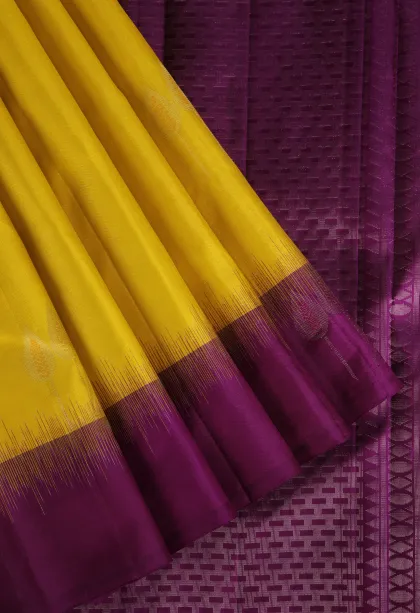 Lemon Yellow Soft Silk Saree with Copper And Silver Zari Leaf Puttas