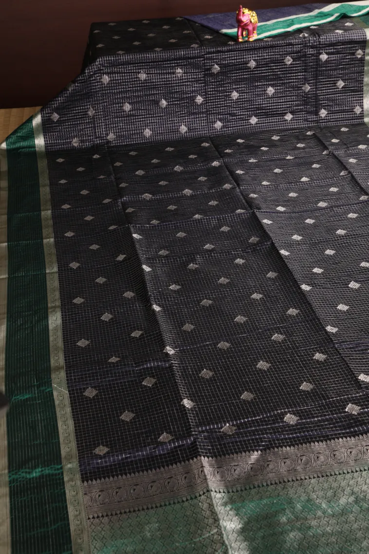 Indigo Blue Apoorva Silk Sarees with Silver Zari Checks And Puttas view 2