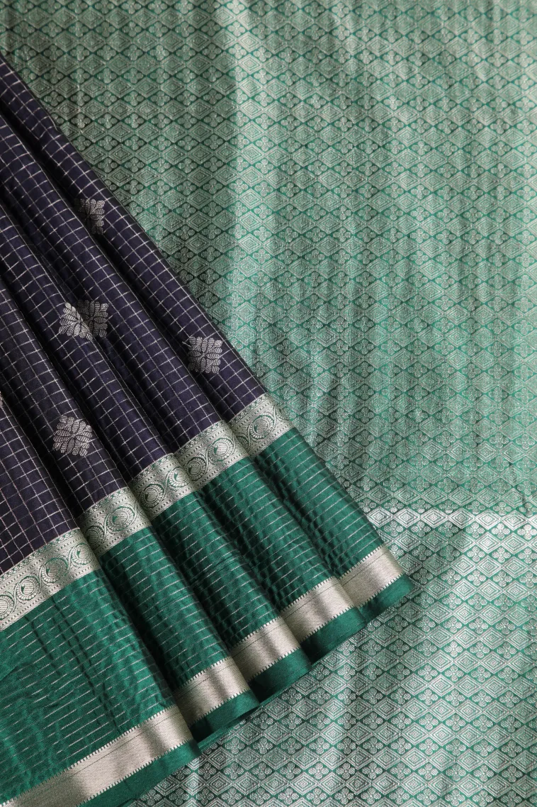 Indigo Blue Apoorva Silk Sarees with Silver Zari Checks And Puttas view 1