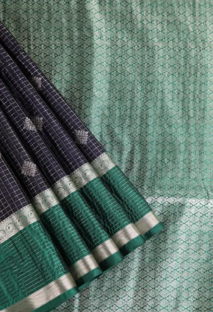 Indigo Blue Apoorva Silk Sarees with Silver Zari Checks And Puttas