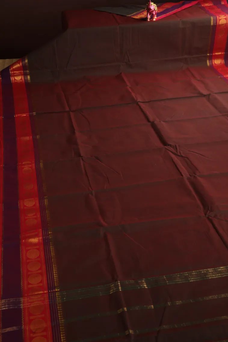 Gingerbread Brown Chettinad Cotton Sarees with Gold Zari Plain view 2