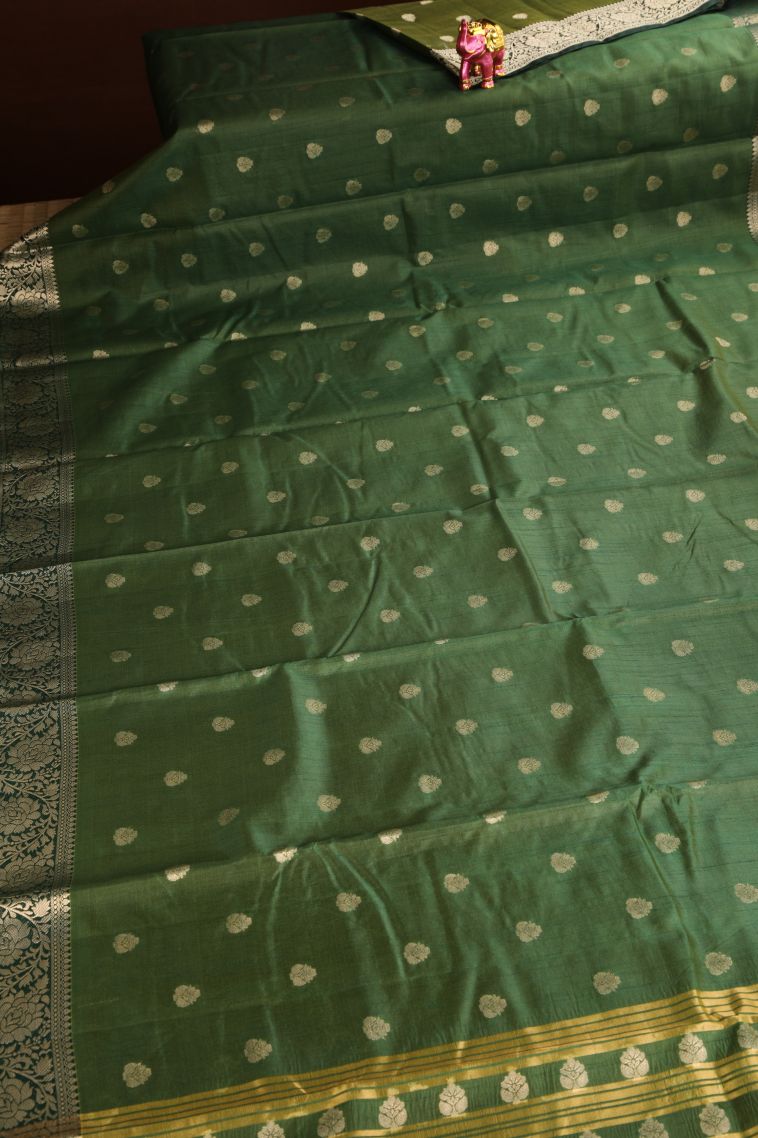 Basil Green Raw Silk Sarees Gold Zari with Floral Puttas view 2