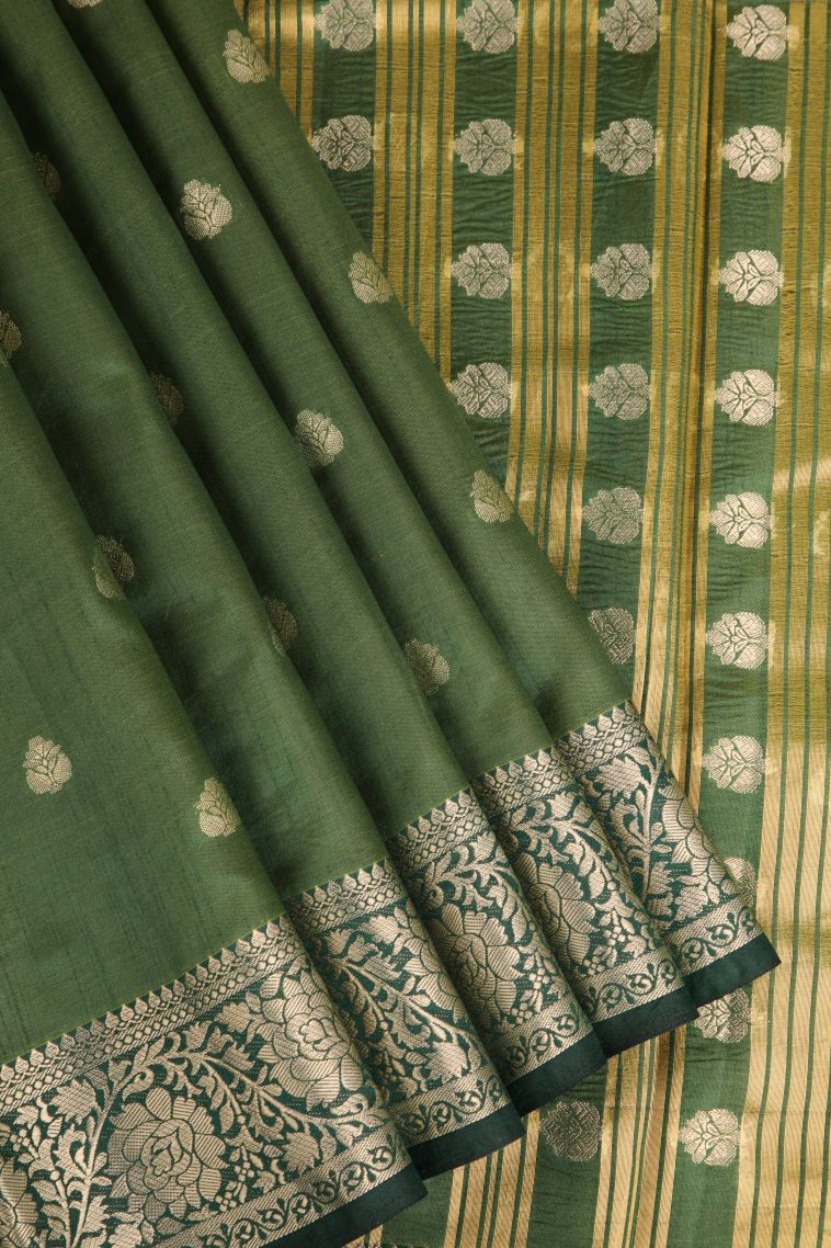 Basil Green Raw Silk Sarees Gold Zari with Floral Puttas view 1
