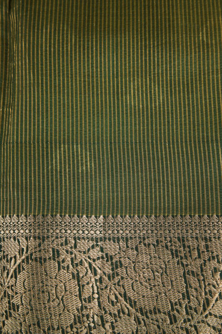 Basil Green Raw Silk Sarees Gold Zari with Floral Puttas view 3