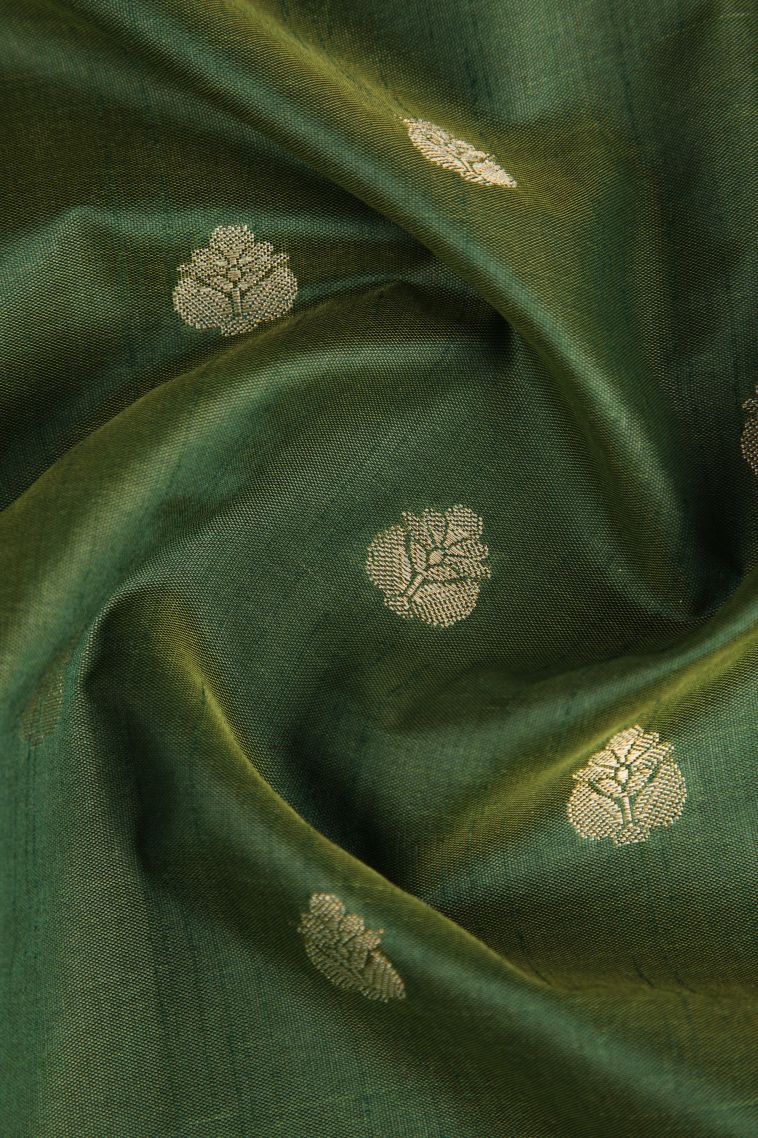 Basil Green Raw Silk Sarees Gold Zari with Floral Puttas view 4