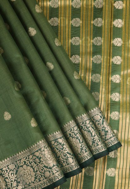 Basil Green Raw Silk Sarees Gold Zari with Floral Puttas