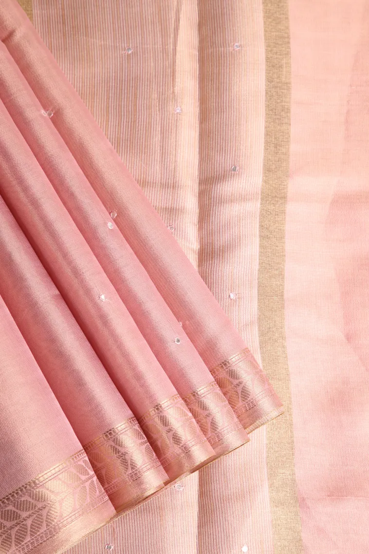 Salmon Pink Organza Saree Without Zari With Floral Puttas Embroidary