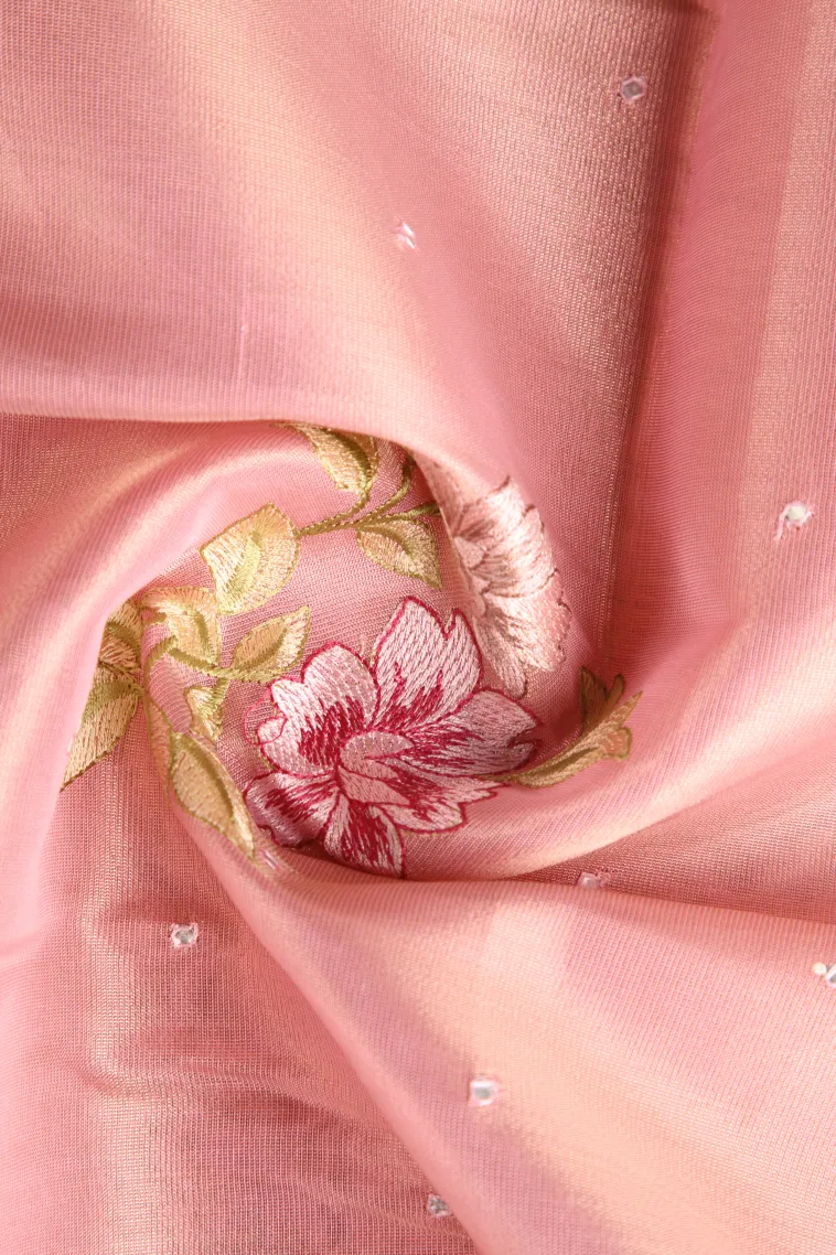 Salmon Pink Organza Saree Without Zari With Floral Puttas Embroidary view 4