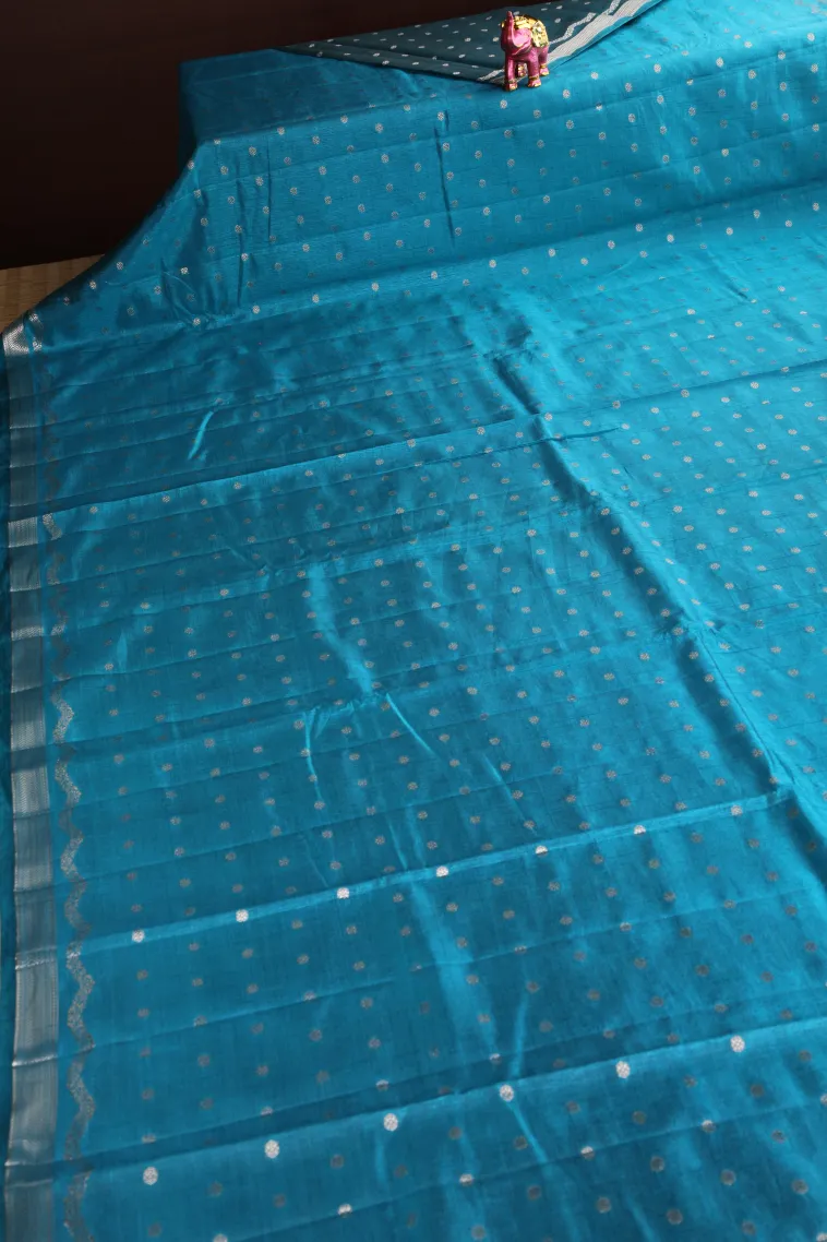 Cerulean Blue Raw Silk Sarees with Antic Zari Puttas view 2