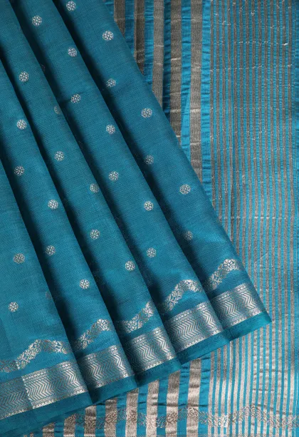 Cerulean Blue Raw Silk Sarees with Antic Zari Puttas