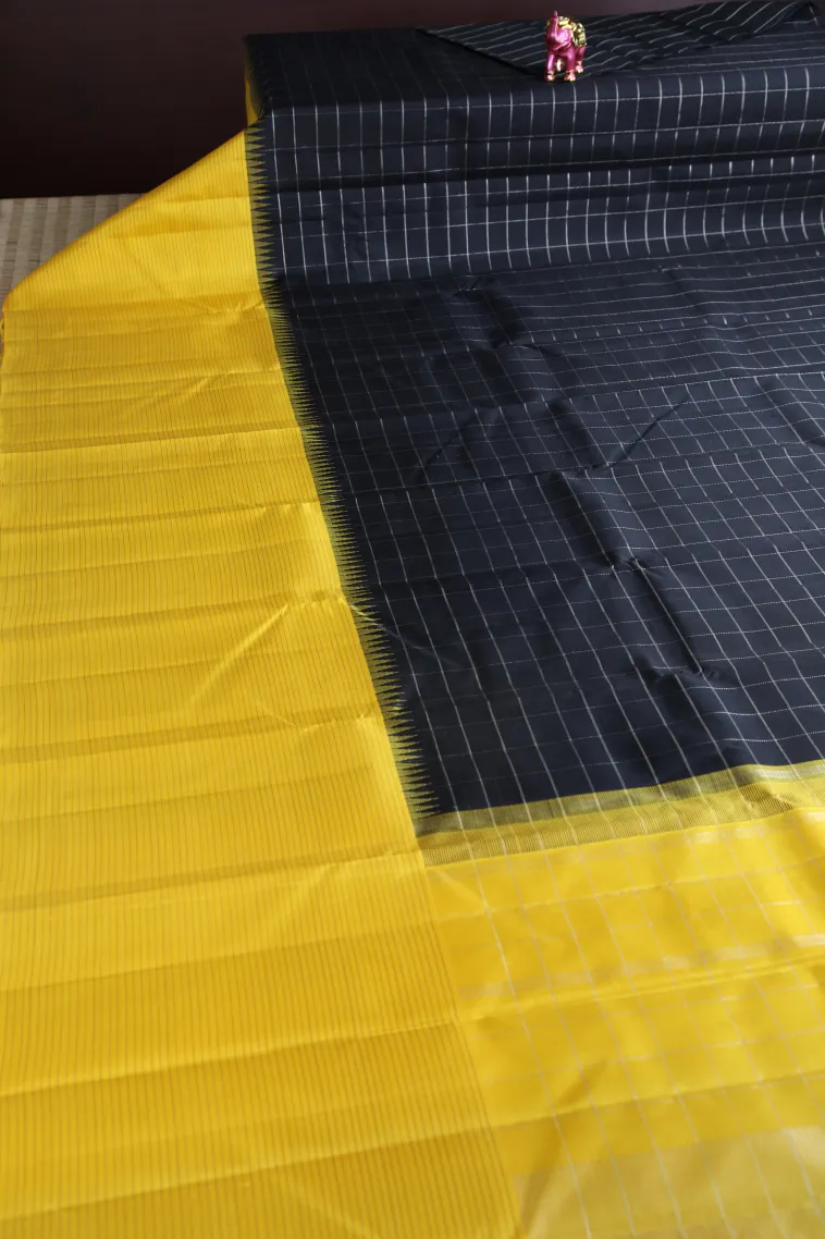 Rock Black Kanchipuram Silk Sarees with Silver Zari Checks view 2