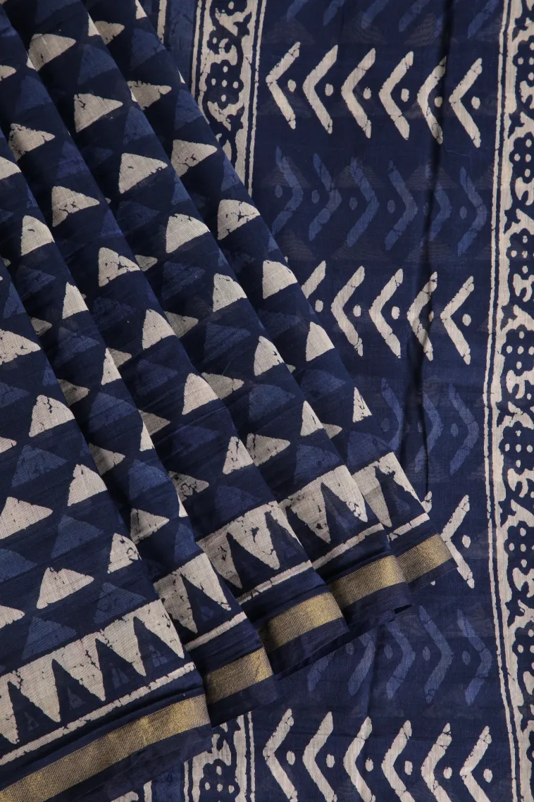 Admiral Blue Chanderi Cotton Sarees Without Zari With Geometric Shapes