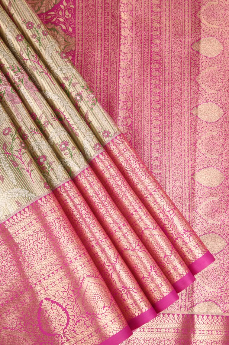Vanilla Custard Yellow Apoorva Silk Sarees Copper Zari with Floral Patterns