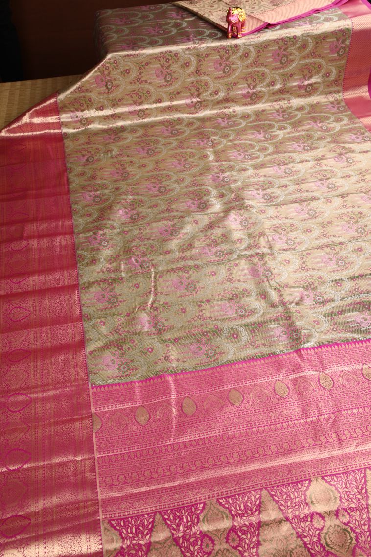 Vanilla Custard Yellow Apoorva Silk Sarees Copper Zari with Floral Patterns view 2