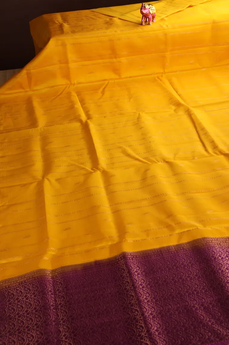 Lemon Yellow Soft Silk Saree with Copper Zari Straipes And Puttas view 2