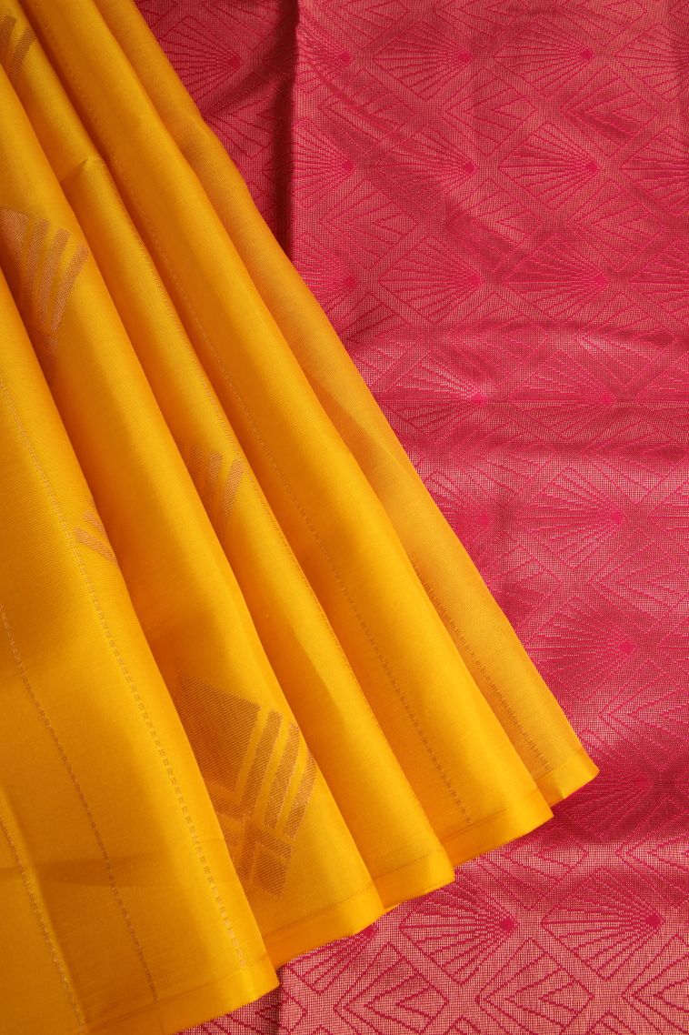 Merigold Orange Soft Silk Saree Copper Zari with Geometric Shapes view 1
