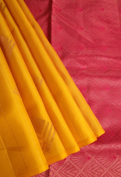 Merigold Orange Soft Silk Saree Copper Zari with Geometric Shapes