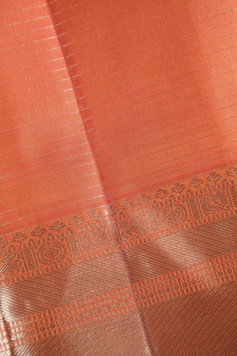 Fire Orange Kanchipuram Silk Sarees with Gold Zari Small Checks Pattern view 3