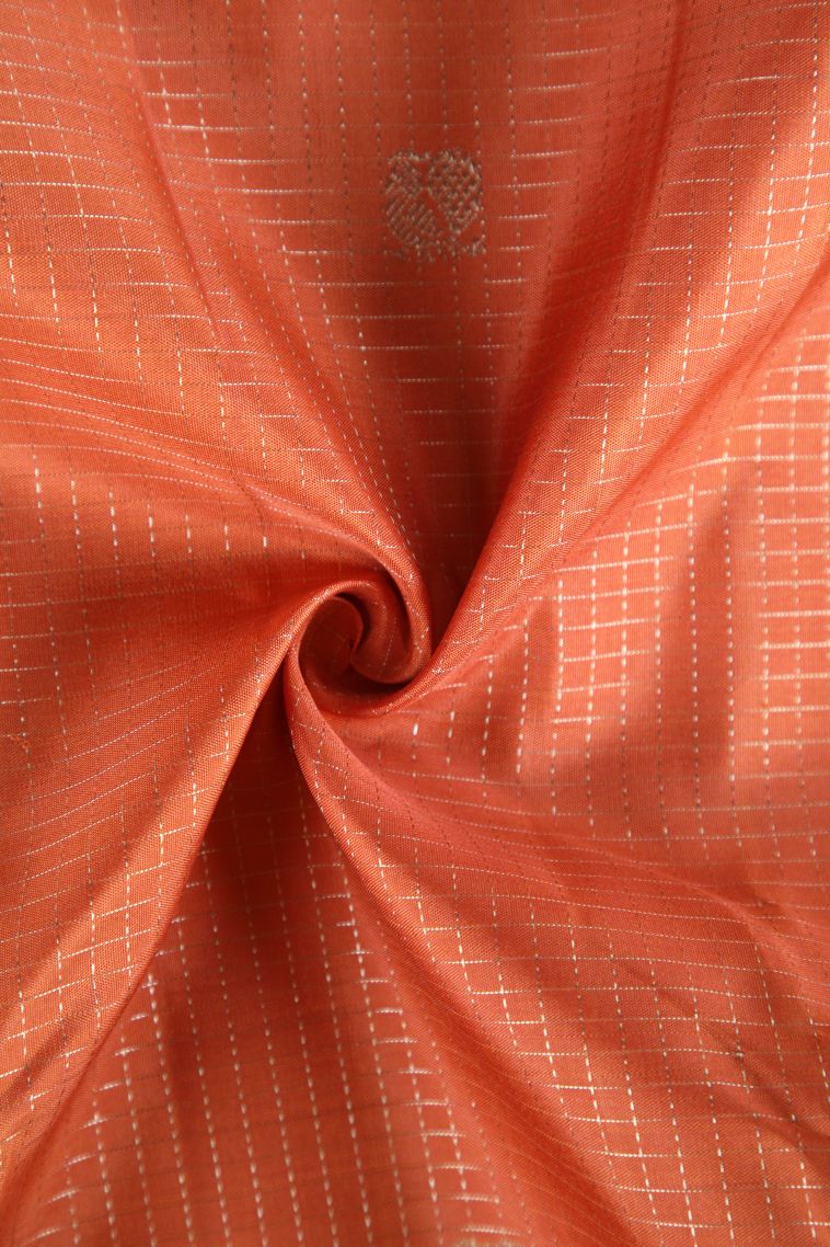 Fire Orange Kanchipuram Silk Sarees with Gold Zari Small Checks Pattern view 4
