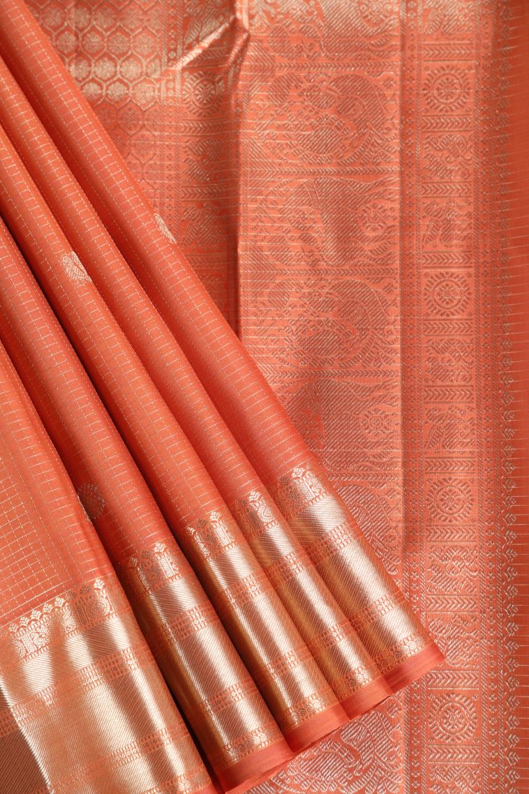 Fire Orange Kanchipuram Silk Sarees with Gold Zari Small Checks Pattern view 1