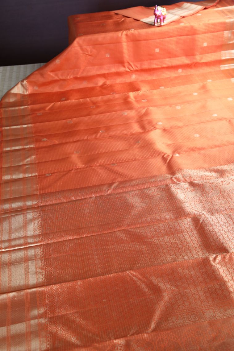 Fire Orange Kanchipuram Silk Sarees with Gold Zari Small Checks Pattern view 2