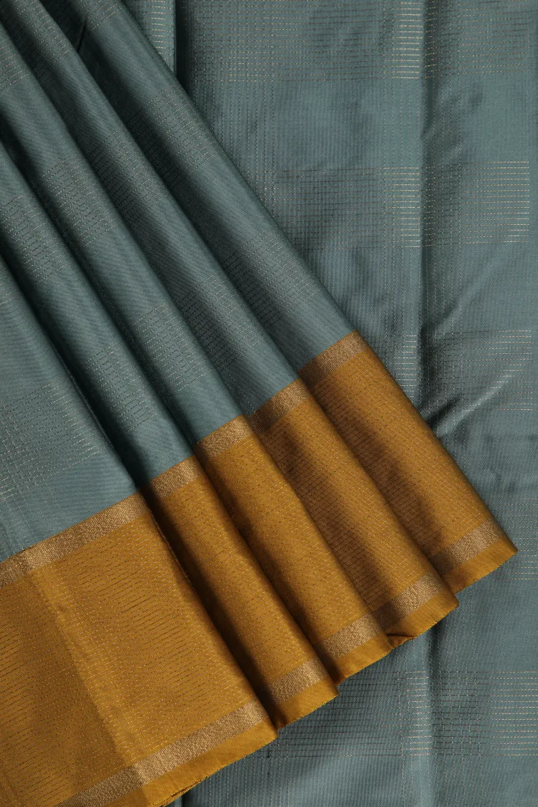Stone Blue Arani Silk Sarees with Gold Zari Checks