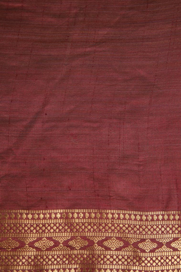 Berry Red Semi Raw Silk Printed Gold Zari with Leaf Pattern view 3