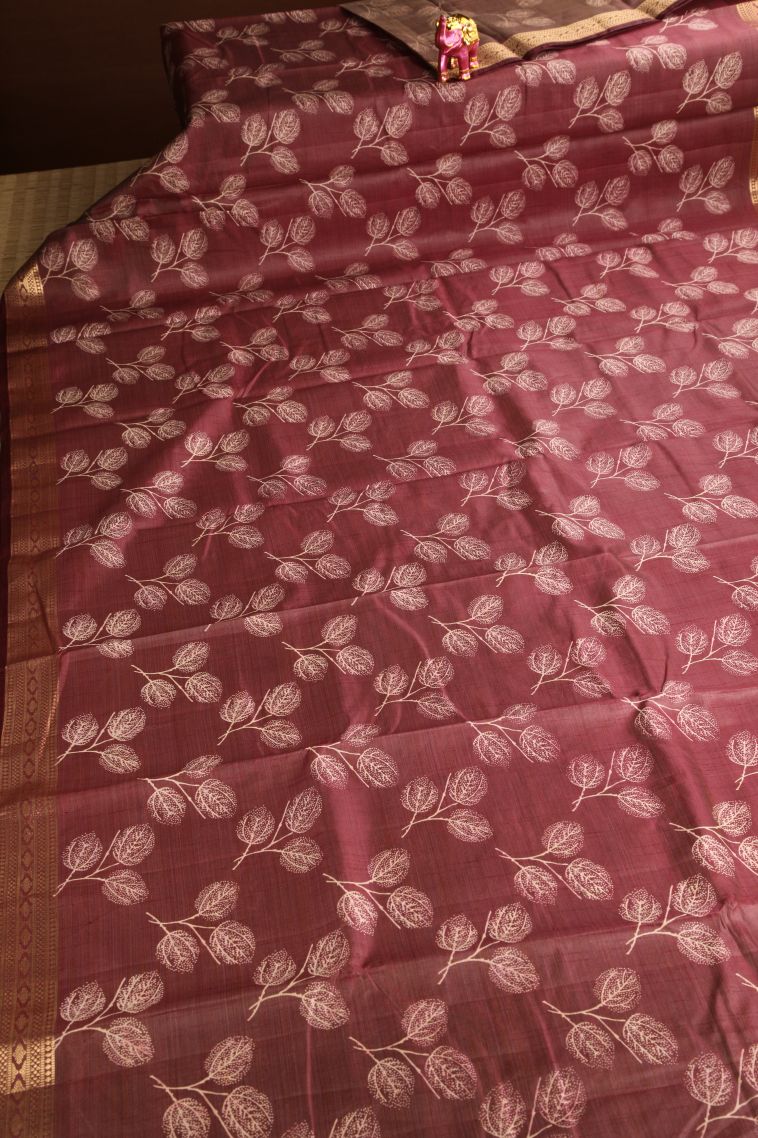 Berry Red Semi Raw Silk Printed Gold Zari with Leaf Pattern view 2