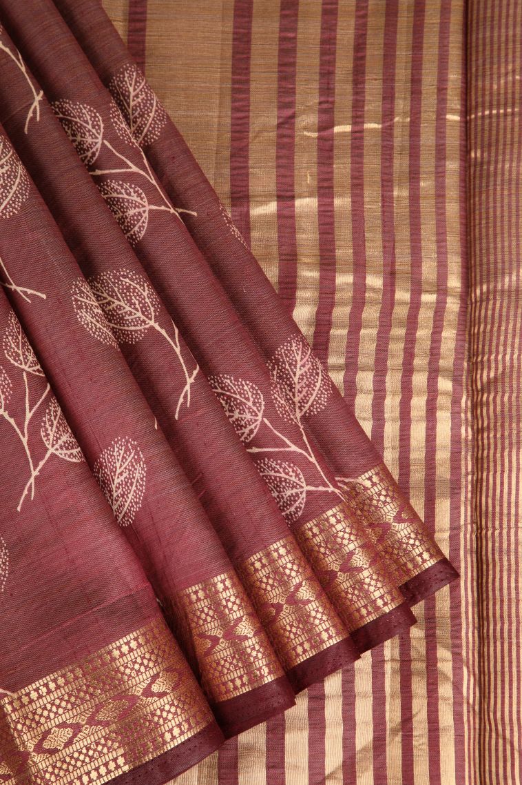 Berry Red Semi Raw Silk Printed Gold Zari with Leaf Pattern