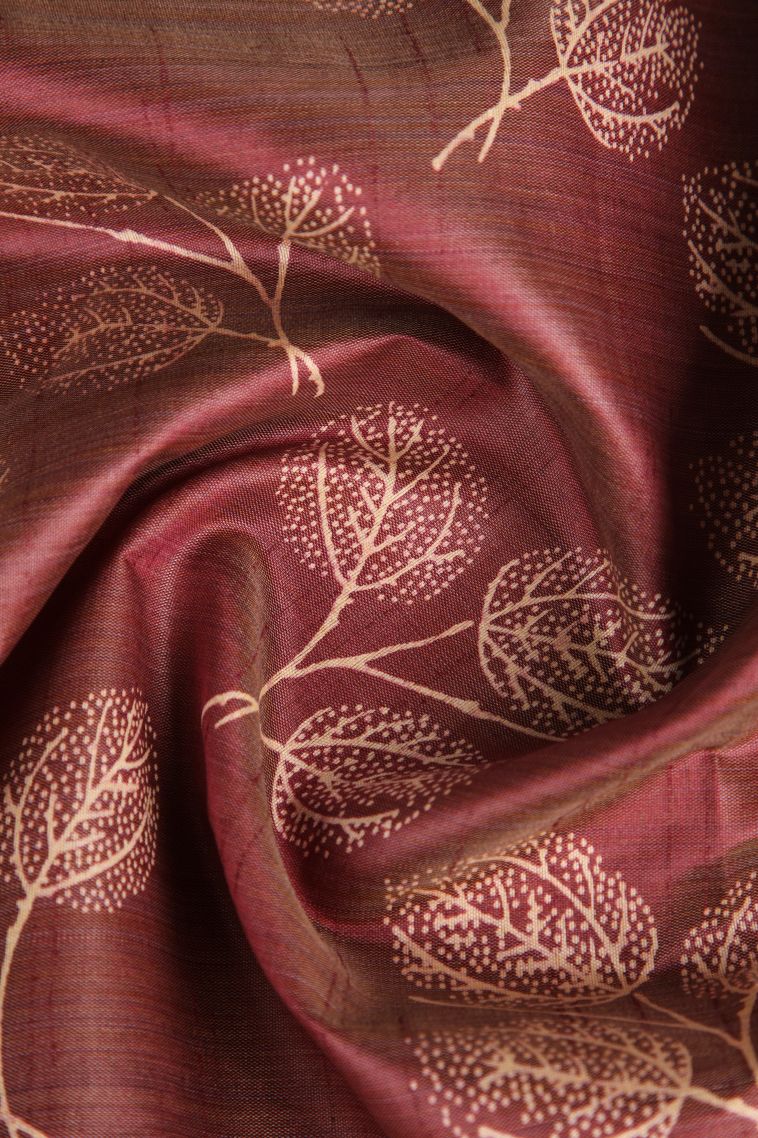 Berry Red Semi Raw Silk Printed Gold Zari with Leaf Pattern view 4