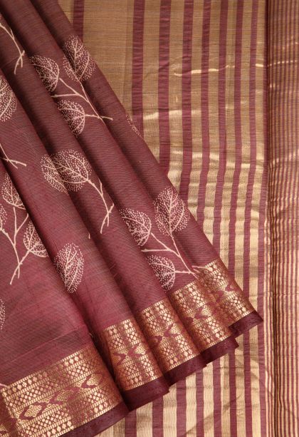 Berry Red Semi Raw Silk Printed Gold Zari with Leaf Pattern
