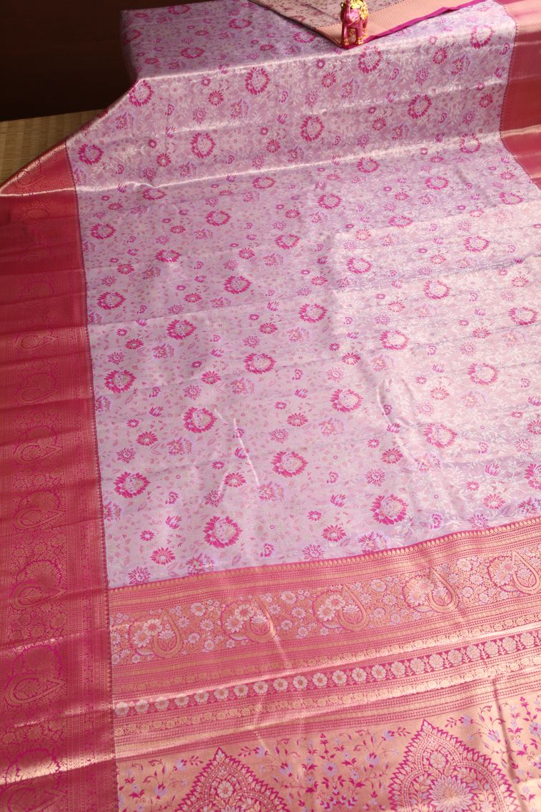 Blush Pink Apoorva Silk Sarees Gold And Silver Zari with Floral Patterns view 2