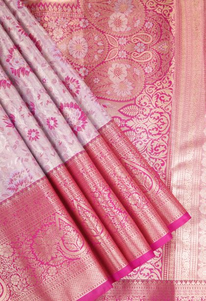 Blush Pink Apoorva Silk Sarees Gold And Silver Zari with Floral Patterns