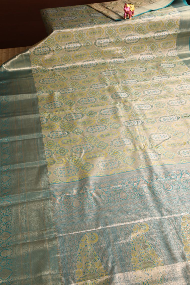 Lemon Yellow Apoorva Silk Sarees with Copper Zari Floral Patterns view 2