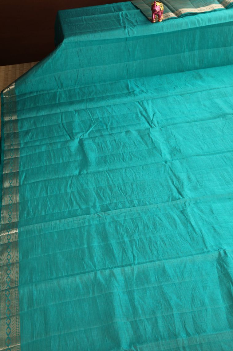 Teal Blue Raw Silk Sarees Gold Zari with Plain view 2