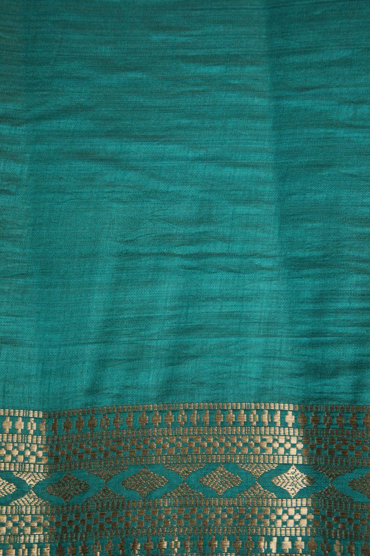 Teal Blue Raw Silk Sarees Gold Zari with Plain view 3