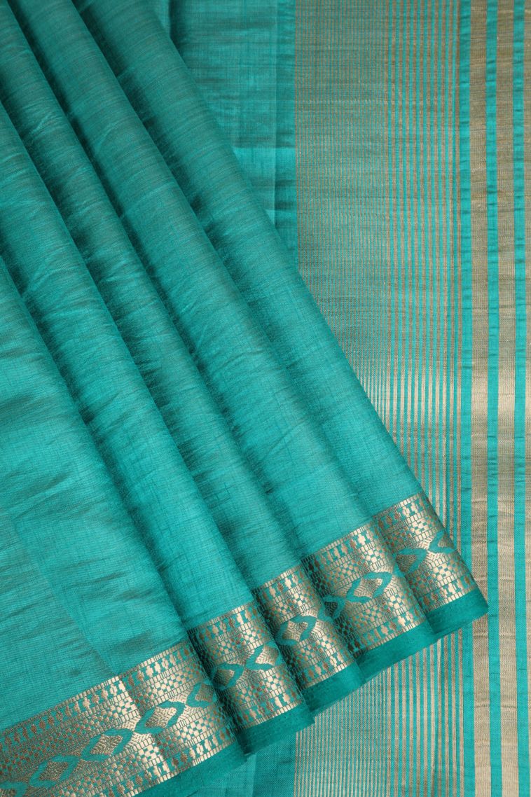 Teal Blue Raw Silk Sarees Gold Zari with Plain view 1