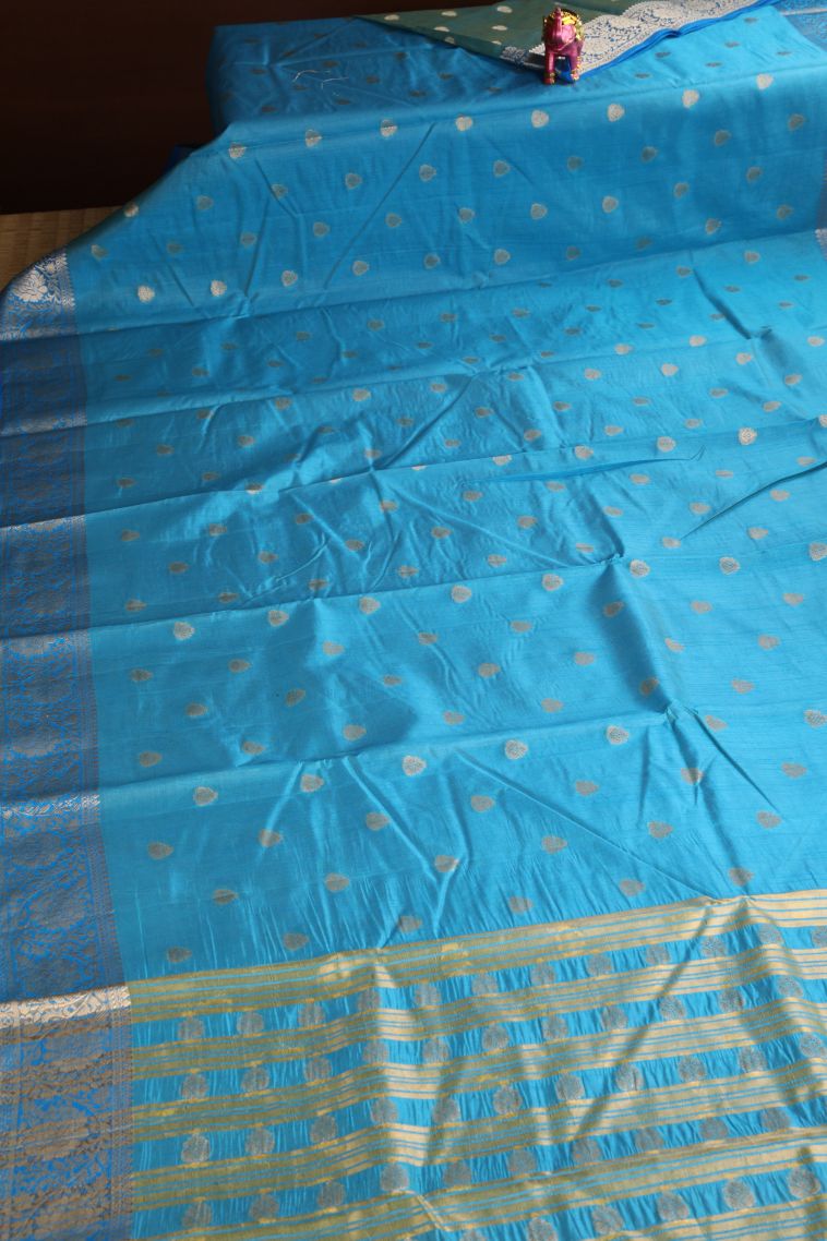 Cerulean Blue Raw Silk Sarees Gold Zari with Floral Puttas view 2