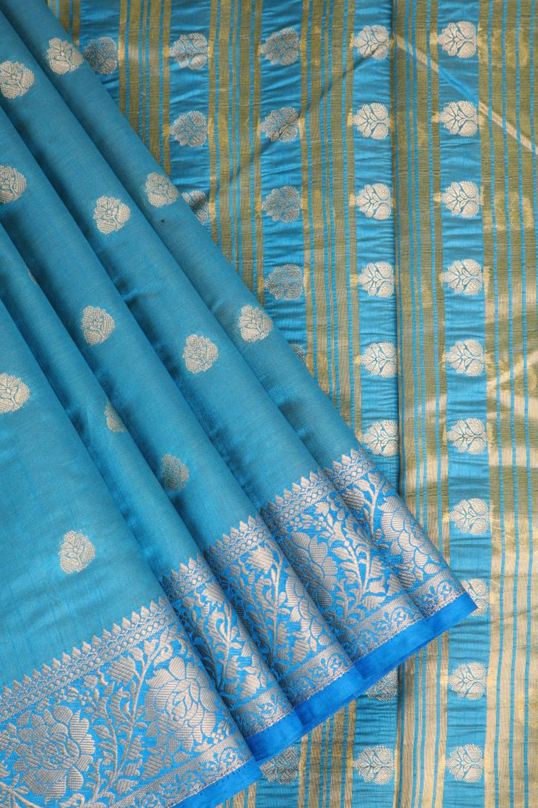 Cerulean Blue Raw Silk Sarees Gold Zari with Floral Puttas