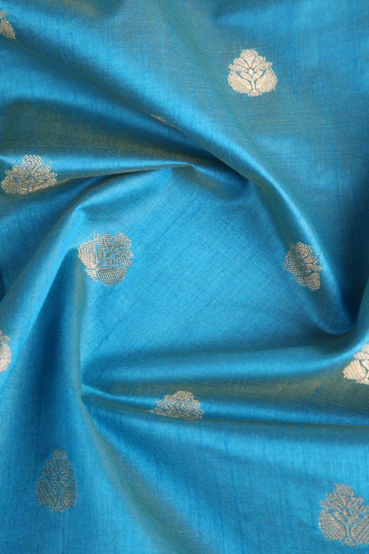 Cerulean Blue Raw Silk Sarees Gold Zari with Floral Puttas view 4