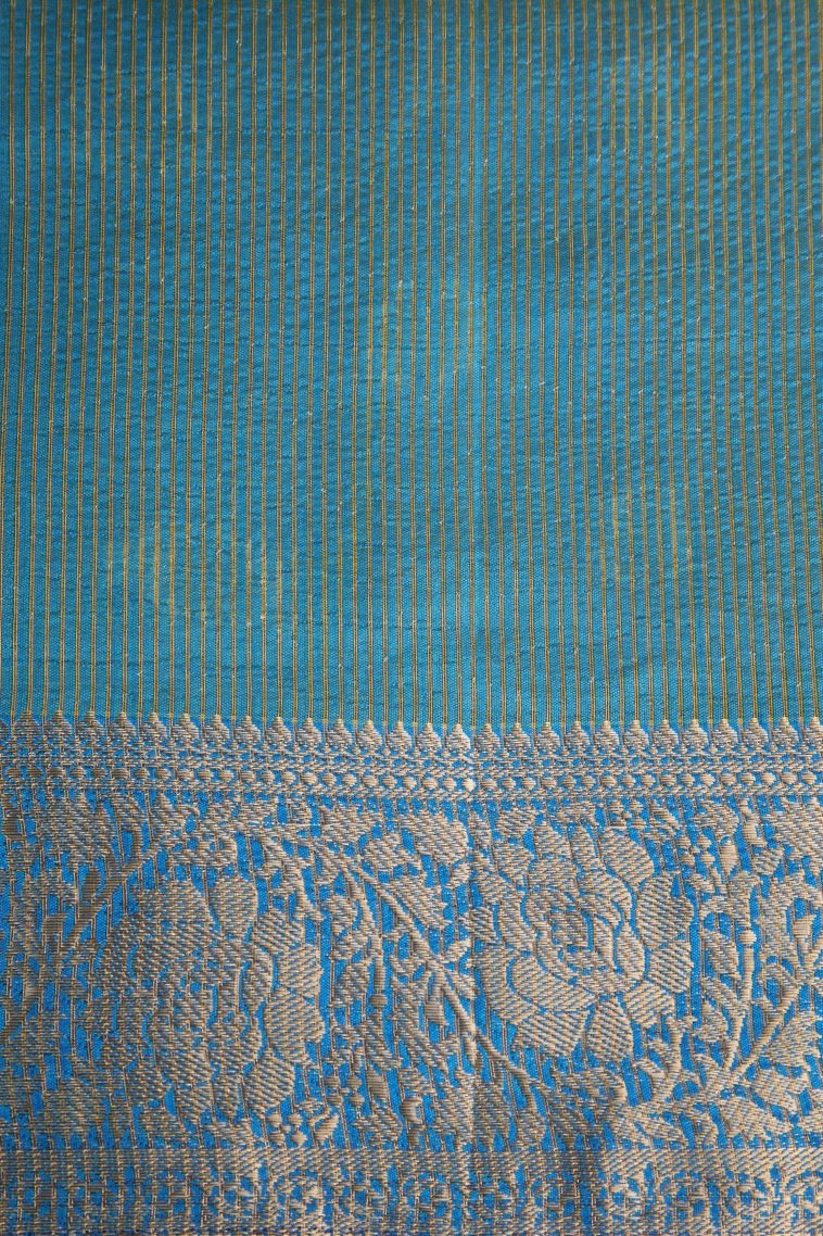 Cerulean Blue Raw Silk Sarees Gold Zari with Floral Puttas view 3