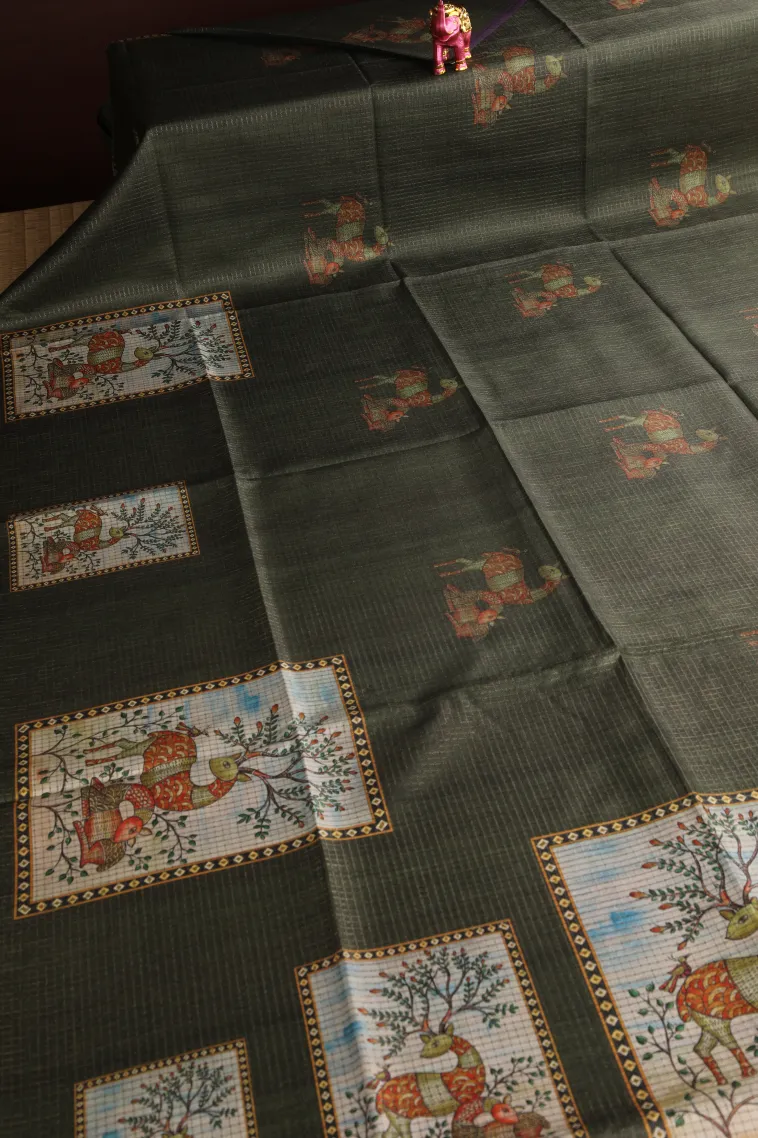 Bottle Green Tussar Saree Without Zari With Animal Mottif view 2