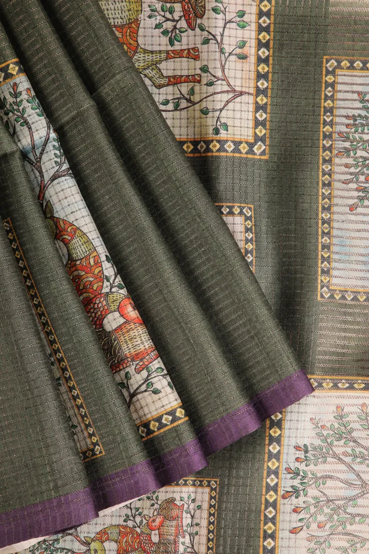 Bottle Green Tussar Saree Without Zari With Animal Mottif view 1