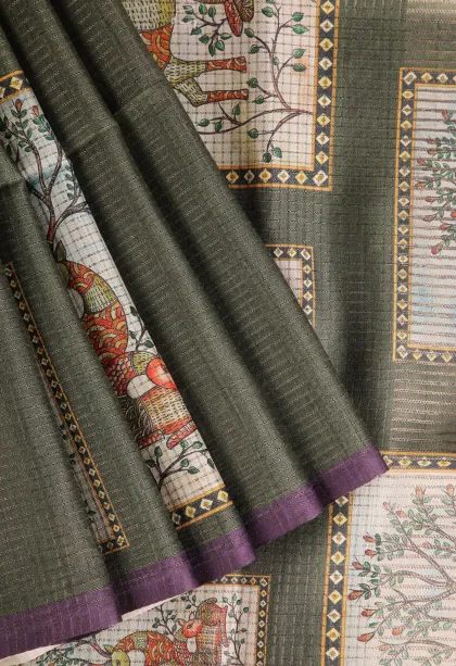 Bottle Green Tussar Saree Without Zari With Animal Mottif